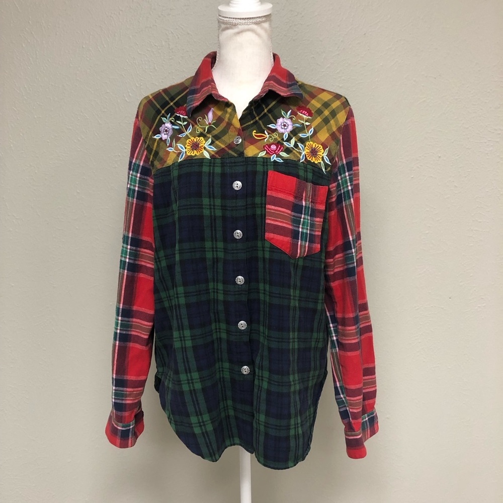 Blair Multi Pattern Plaid Flannel Embroidered But… - image 1